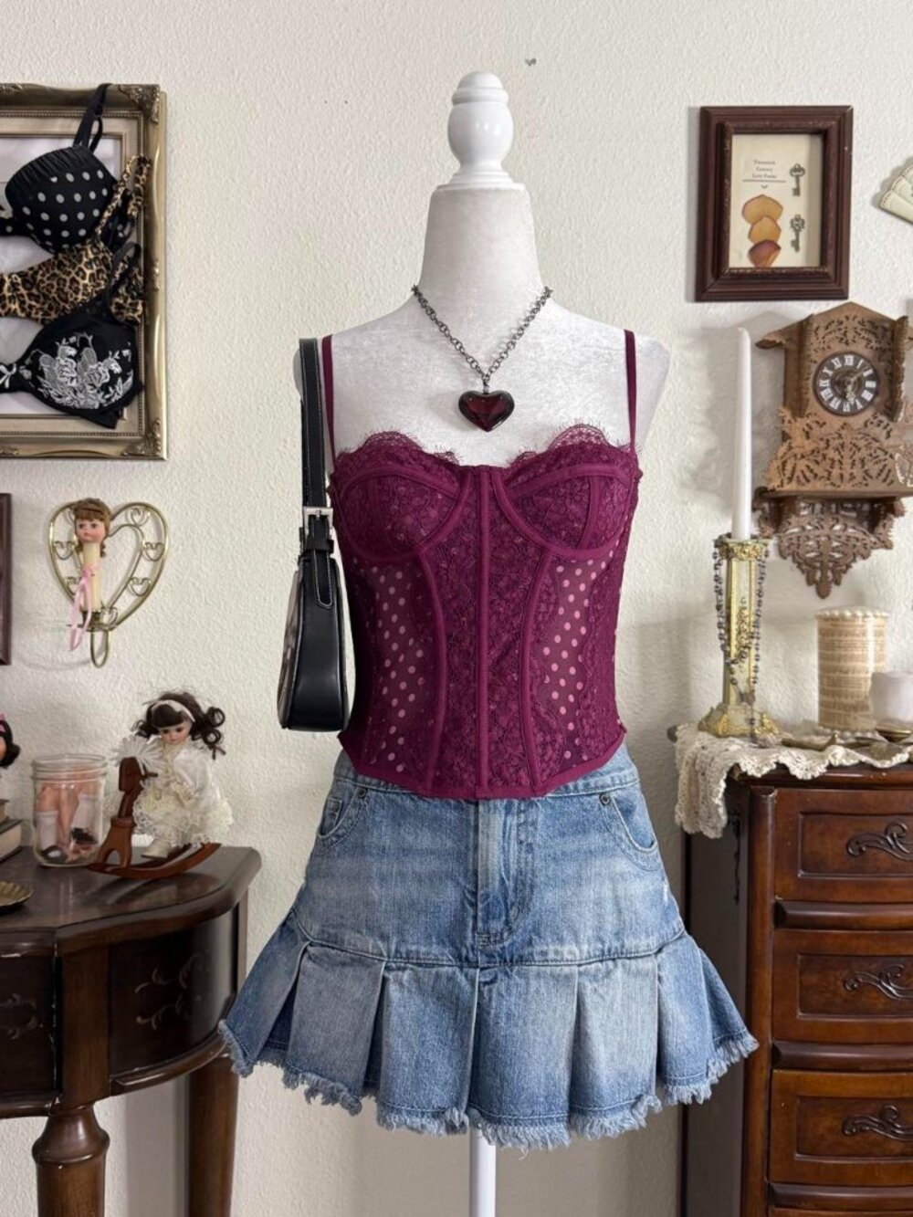 Funky quirky whimsical magenta pink mesh polka dot bustier corset top w lace